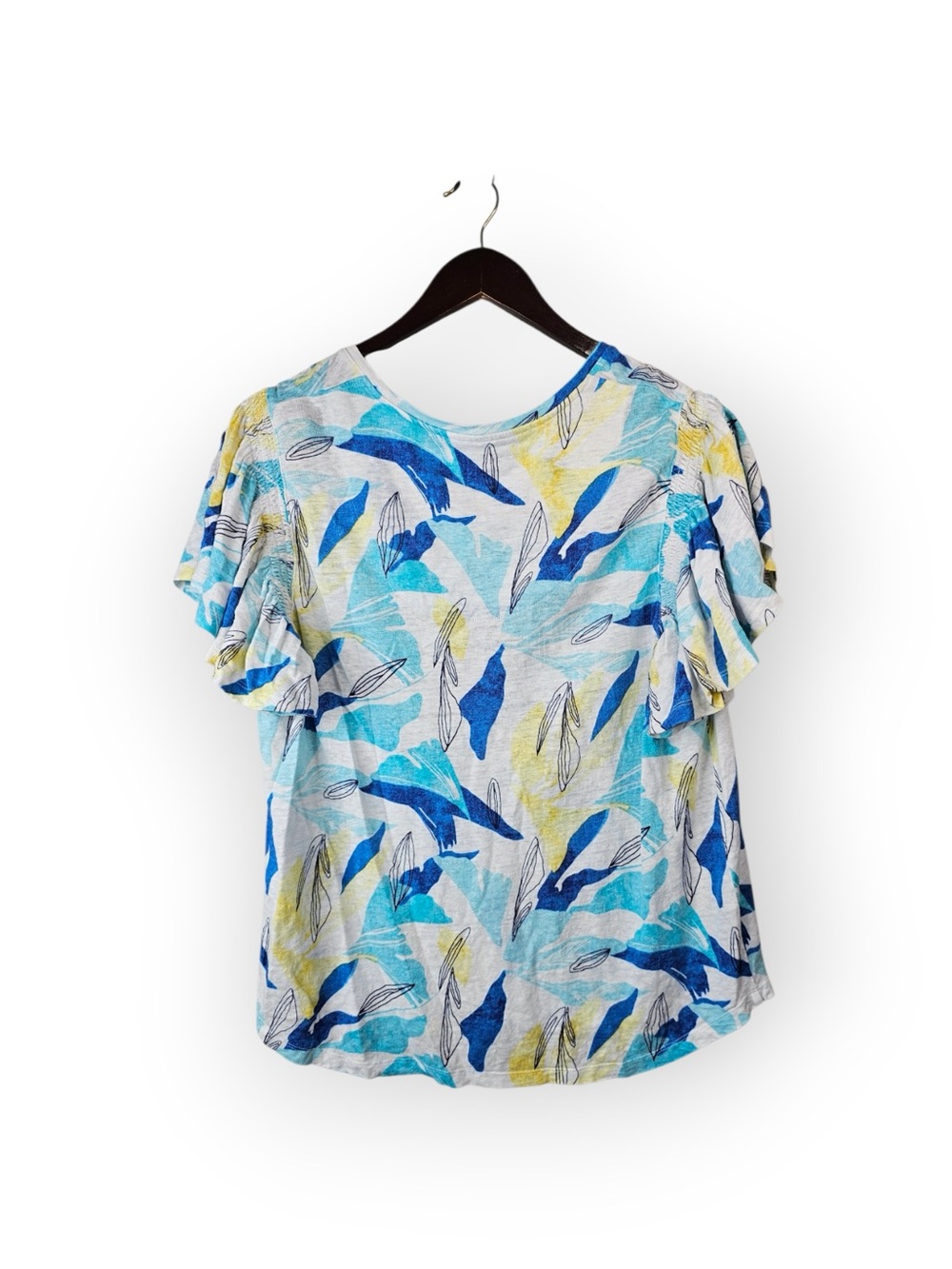 Chico's 100% Linen Leaf Print Flutter Sleeve Top Blue Yellow White Size 3 XL - Picture 6 of 6